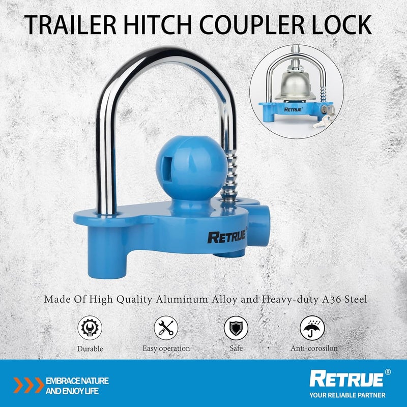RETRUE Universal Coupler Lock Trailer Locks Ball Hitch Trailer Hitch Lock Adjustable Security Heavy-Duty Steel Fits 1-7/8 Inch, 2 Inch, 2-5/16 Inch Couplers Blue - Image 4